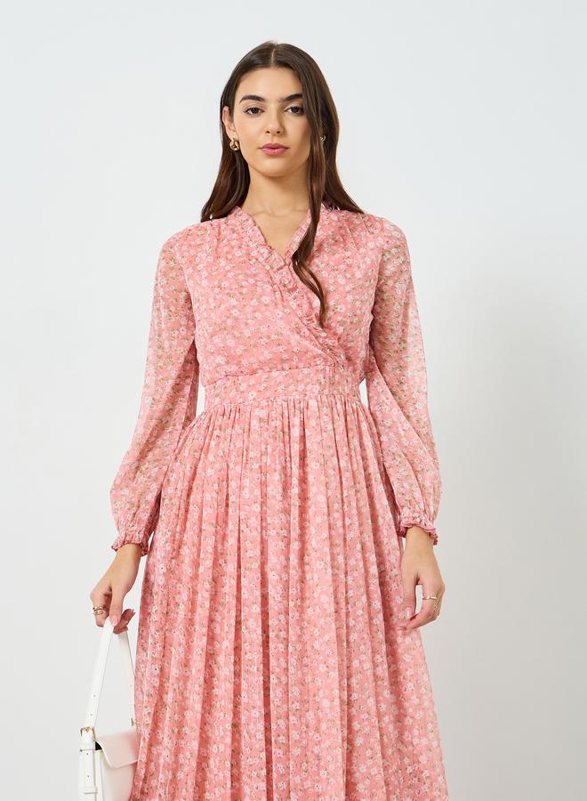 ستايلي فستان طويل شيفون بحافة واسعة وطبعة أزهار للنساء - Image 1